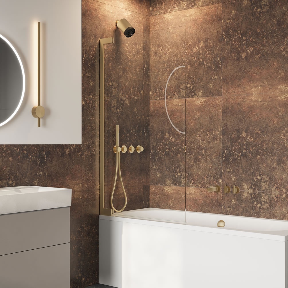 Lifestyle image of Crosswater Asura 8 Brushed Brass Hinged Bath Screen